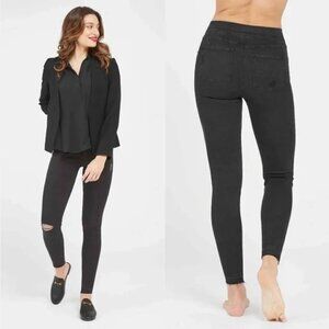 Spanx Vintage Distressed Ankle Skinny Jeans Vintage Black Stretch Tummy Panel Md